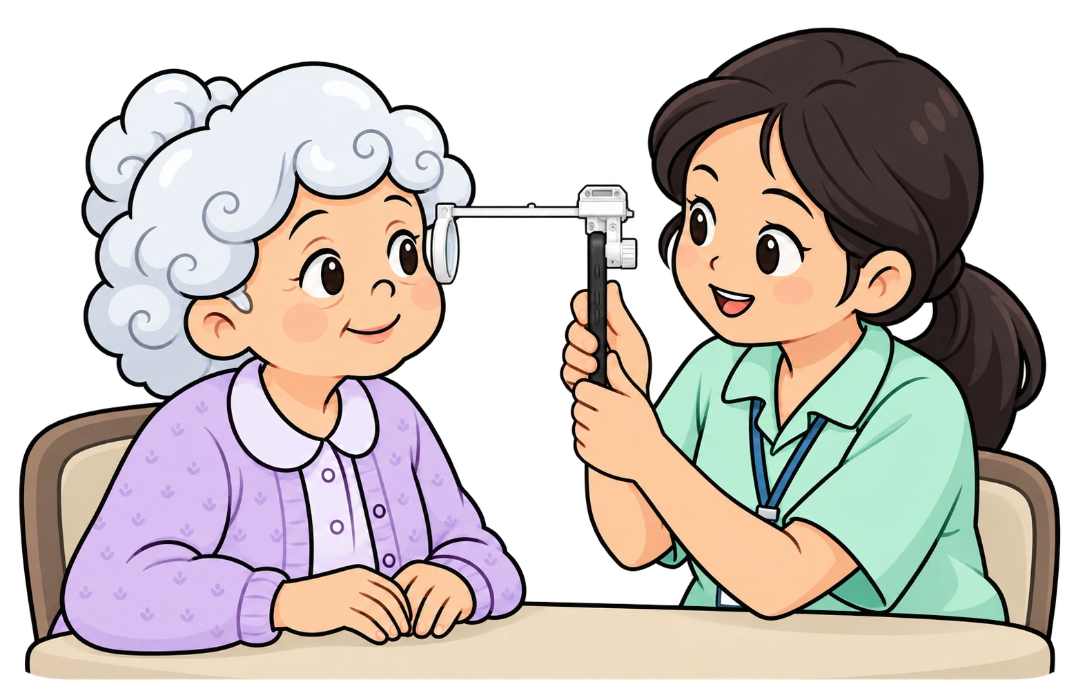 A health worker guiding an older Filipina through a retinal screening